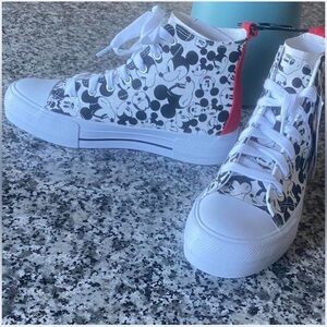 Disney White and Black Mickey Mouse High-Top Sneakers with Red Accent